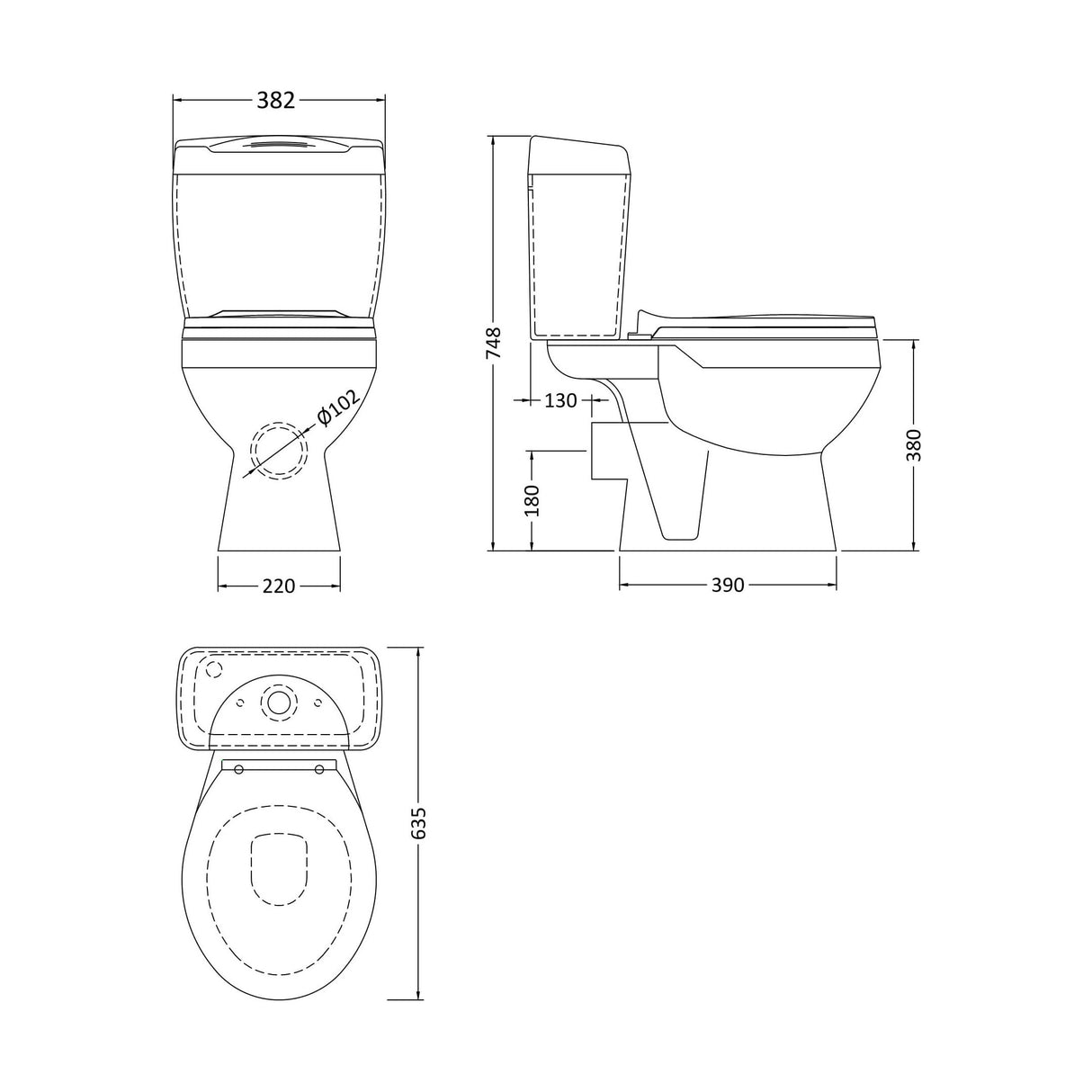 [BCAD150] Anslow Compact Close-Coupled Toilet & Cistern with Standard Seat - White Ceramic, 748 x 382mm - Technical Drawing