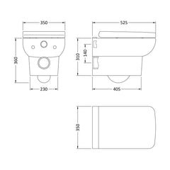 [BCAL005] Meaford Contemporary Square Wall Hung Toilet Pan and Soft Close Seat, 420 x 350 x 525mm - Technical Drawing
