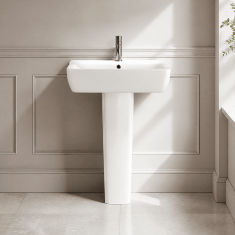 [BCAL025] Meaford Square 1 Tap Hole Ceramic Basin & Full Pedestal, 820 x 550 x 420mm - Silo