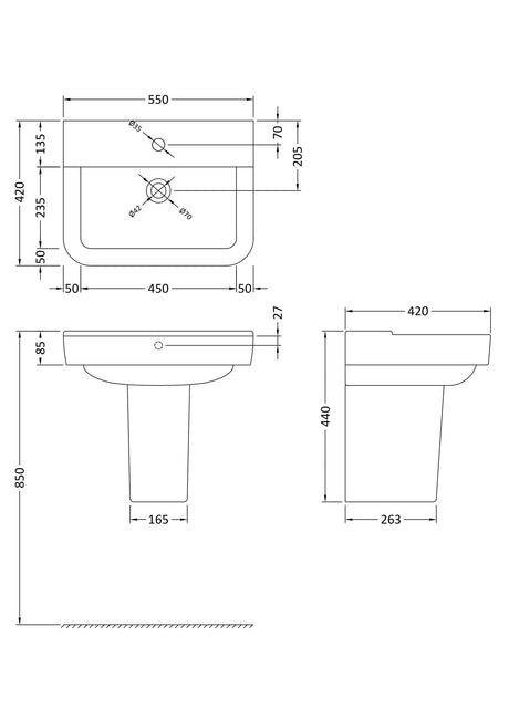 Meaford Contemporary Square 1 Tap Hole Ceramic Bathroom Sink and Semi Pedestal, 445 x 550 x 450mm