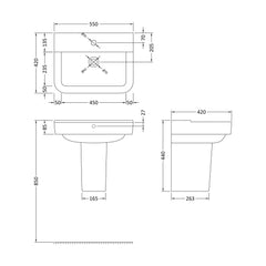 [BCAL026] Meaford Contemporary Square 1 Tap Hole Ceramic Bathroom Sink and Semi Pedestal, 445 x 550 x 450mm - Technical Drawing
