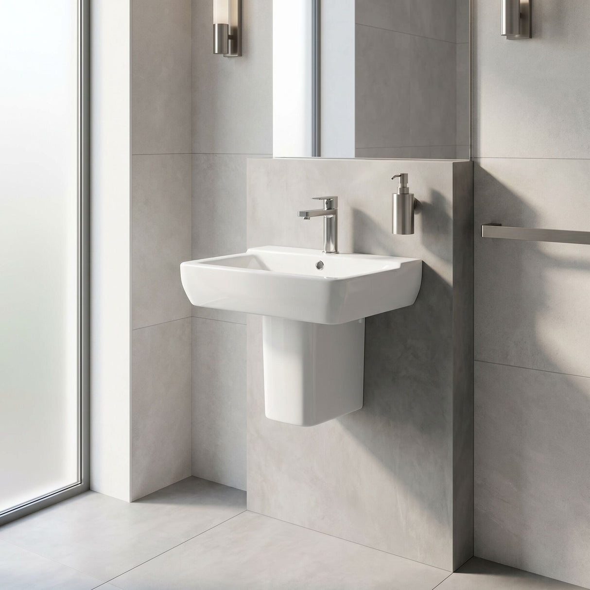 [BCAL026] Meaford Contemporary Square 1 Tap Hole Ceramic Bathroom Sink and Semi Pedestal, 445 x 550 x 450mm - Lifestyle 1