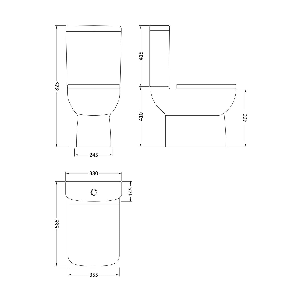 [BCAM020] Balterley Semi Flush to Wall Close Coupled WC Toilet & Seat, Modern Square Design, 825mm - Technical Drawing