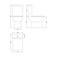 [BCAM020] Balterley Semi Flush to Wall Close Coupled WC Toilet & Seat, Modern Square Design, 825mm - Technical Drawing