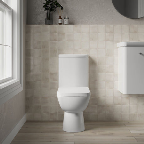 [BCAM020] Balterley Semi Flush to Wall Close Coupled WC Toilet & Seat, Modern Square Design, 825mm - Lifestyle 1