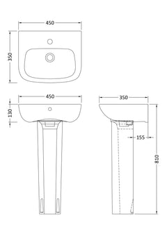 [BCAM021] Soft Square Contemporary 1 Tap Hole Ceramic Basin and Pedestal, Choice of Basin Size - Line Drawing