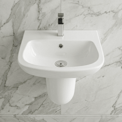 [BCAM023] Balterley 1 Tap Hole Ceramic Basin & Semi Pedestal, Soft Square Wall Hung Bathroom Sink, 450mm - Silo