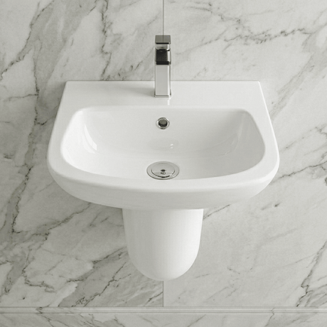 [BCAM023] Balterley 1 Tap Hole Ceramic Basin & Semi Pedestal, Soft Square Wall Hung Bathroom Sink, 450mm - Silo