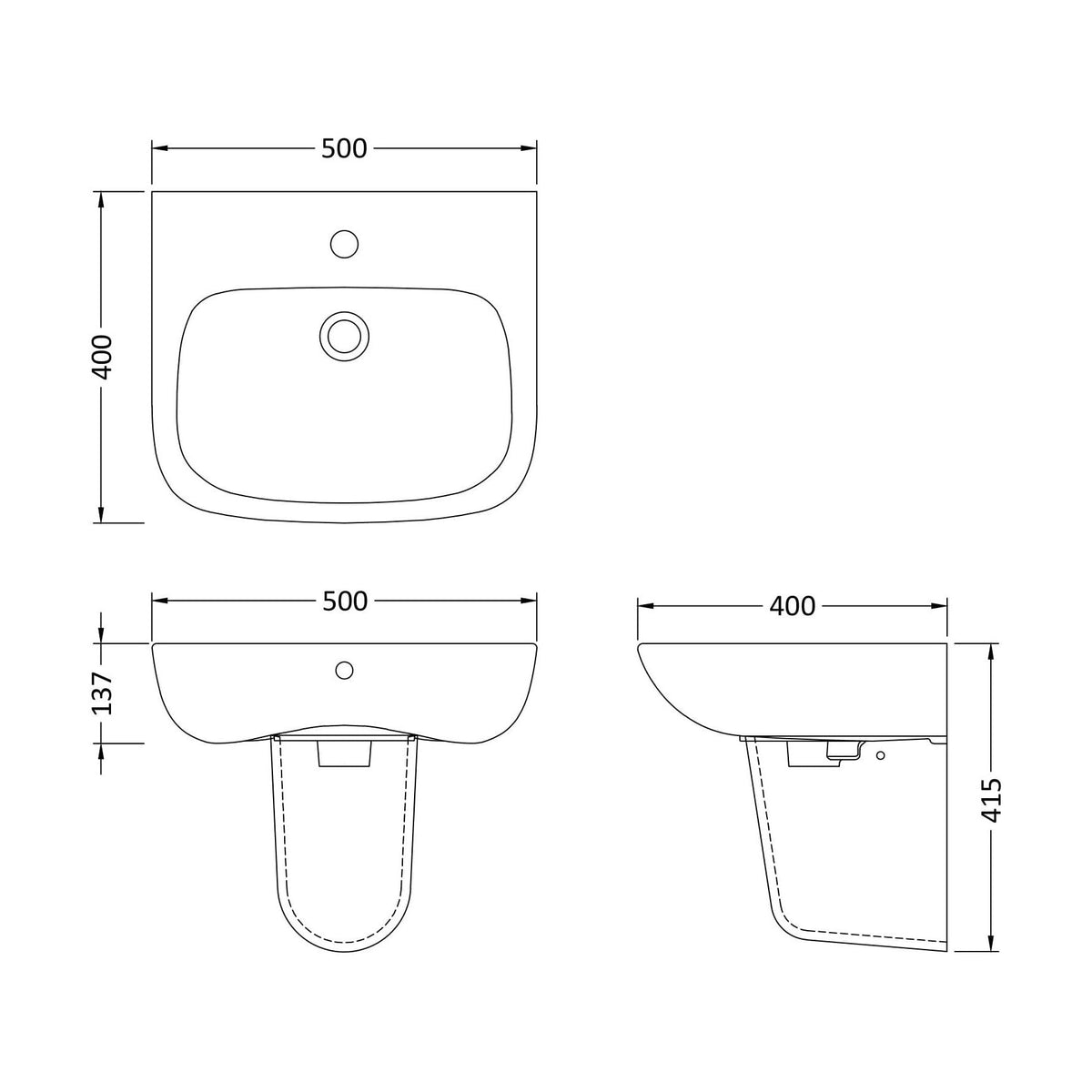 [BCAM024] Soft Square Contemporary 1 Tap Hole Ceramic Basin and Semi Pedestal, Choice of Basin Size - Technical Drawing