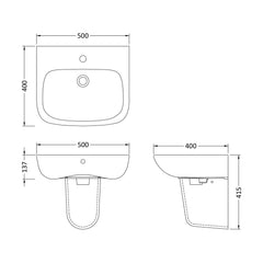 [BCAM024] Soft Square Contemporary 1 Tap Hole Ceramic Basin and Semi Pedestal, Choice of Basin Size - Technical Drawing