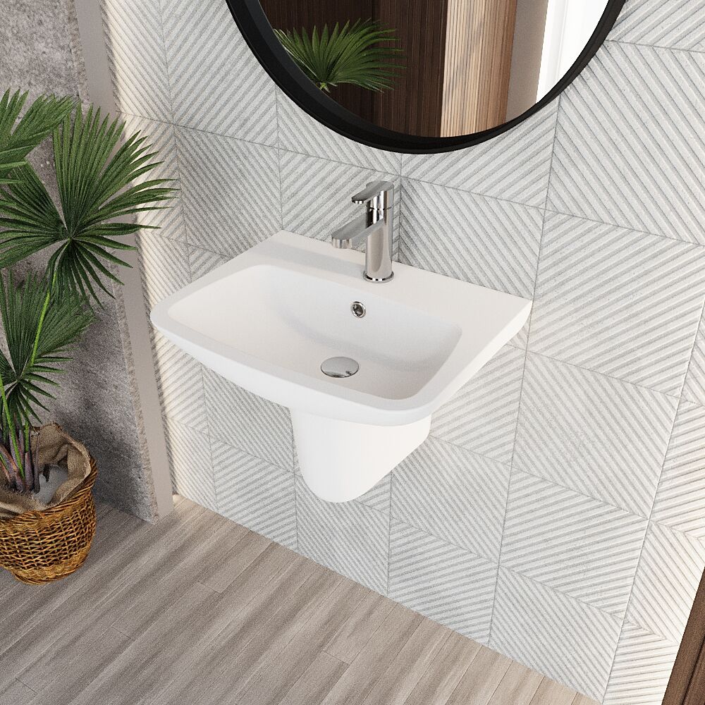 [BCAM024] Soft Square Contemporary 1 Tap Hole Ceramic Basin and Semi Pedestal, Choice of Basin Size - Lifestyle 2