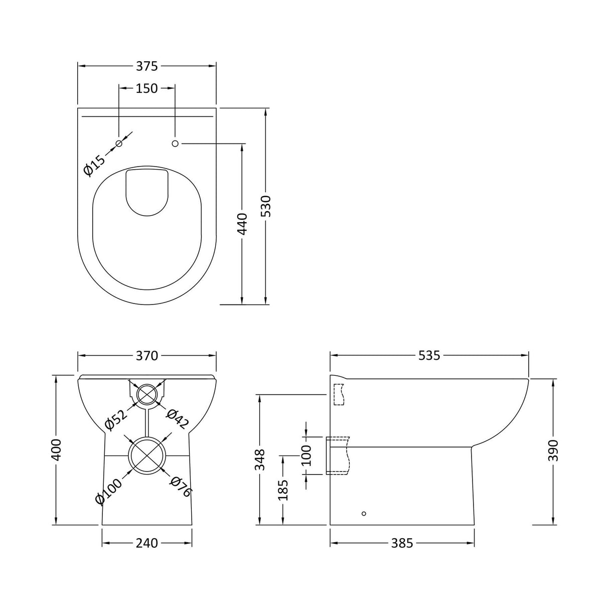 [BCBW005P] D-Shape Back To Wall Toilet Pan   - 400mm x 375mm x 535mm - Technical Drawing