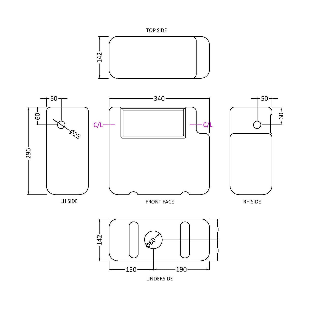 [BCC008] Balterley Modern Universal Water Saving Dual Flush Side Inlet with Round Push Button - Chrome/White - Technical Drawing