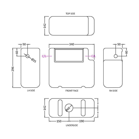 [BCC008] Balterley Modern Universal Water Saving Dual Flush Side Inlet with Round Push Button - Chrome/White - Technical Drawing