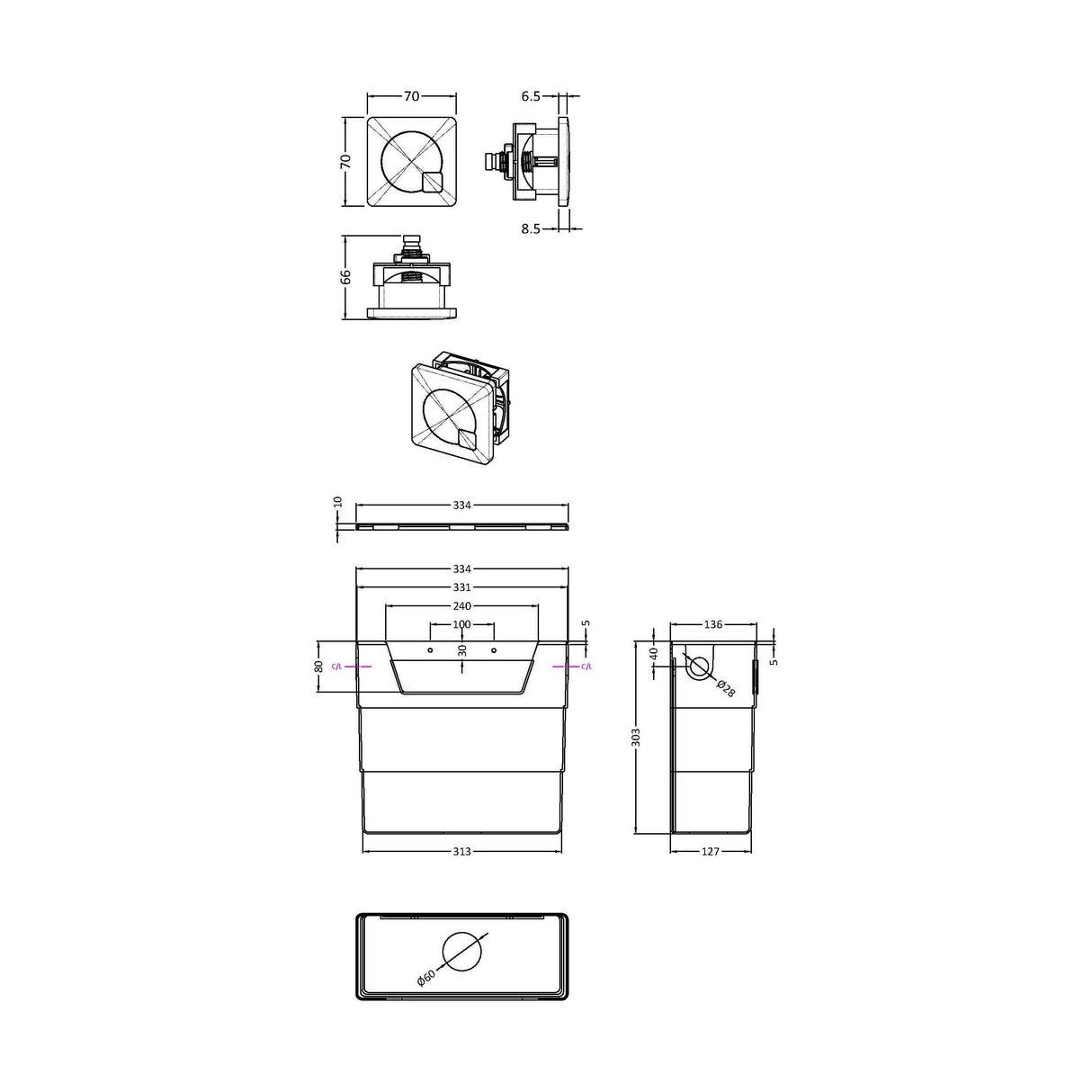 [BCC6M01] Universal Water Saving Dual Flush Side Inlet & Square Dual Flush Button - Choice of Finish - Technical Drawing