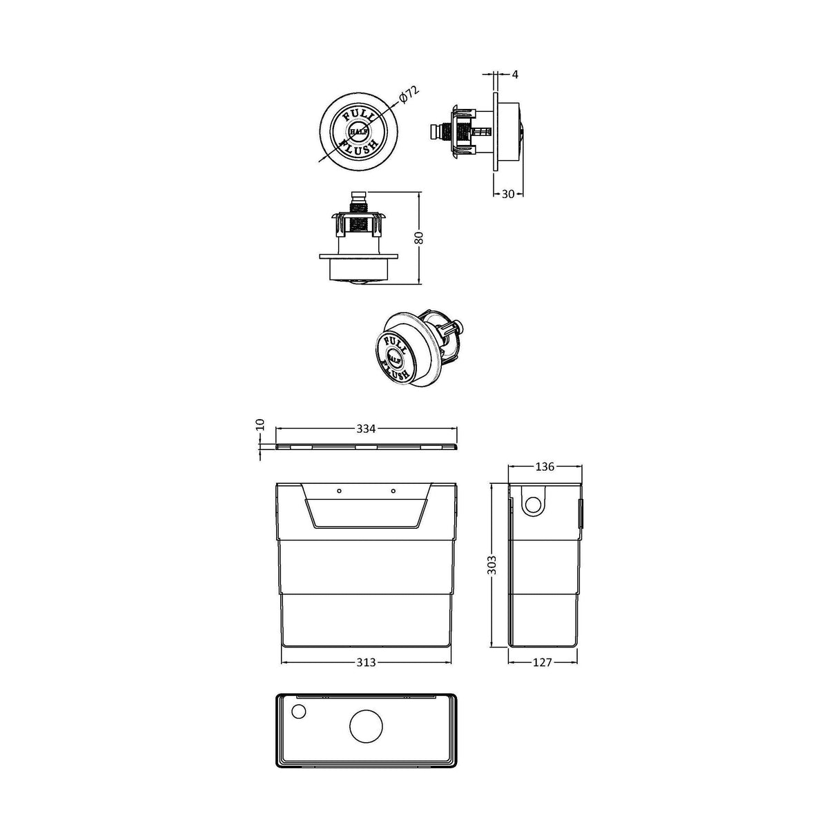 [BCC6T02] Balterley Universal Water Saving Dual Flush Side Inlet with Traditional Push Button - Technical Drawing
