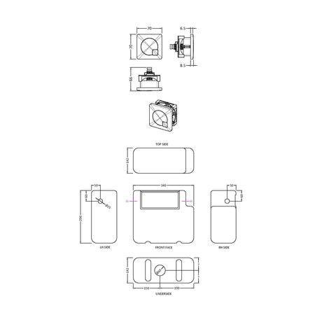 [BCC8M02] Balterley Universal Water Saving Dual Flush Side Inlet with Square Flush Plate - Matt Black/White - Technical Drawing