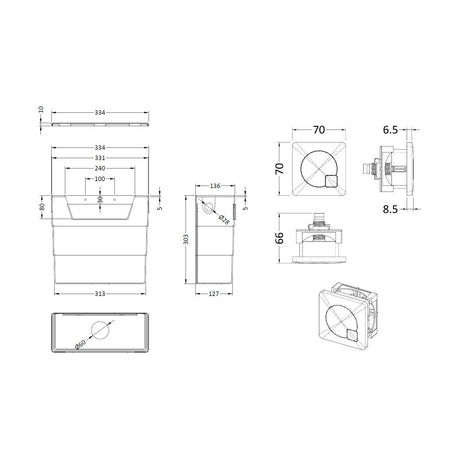 [BCC8M04] Balterley Universal Water Saving Dual Flush Side Inlet with Square Push Button - Brushed Pewter/White - Technical Drawing
