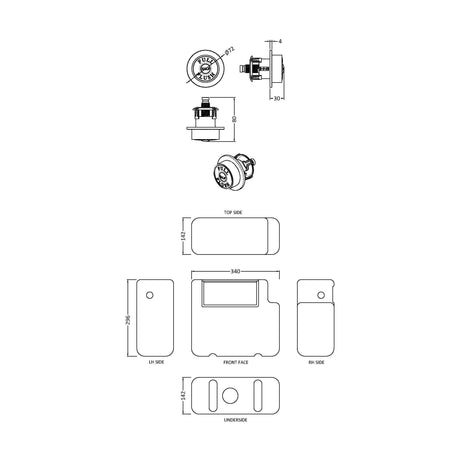 [BCC8T01] Balterley Universal Water Saving Dual Flush Side Inlet with Traditional Push Button - Chrome/White - Technical Drawing