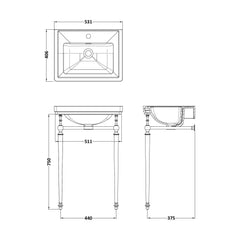 [BCCL502] Traditional 1 Tap Hole Fireclay Basin with Luxury Wash Stand & Bottle Trap  - 500mm - Chrome - Technical Drawing