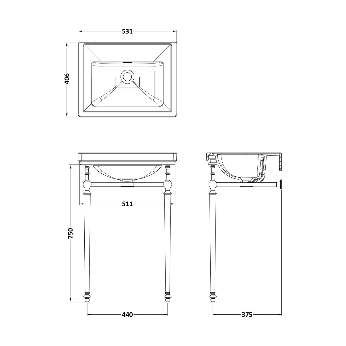[BCCL512] Traditional 0 Tap Hole Fireclay Basin with Luxury Wash Stand & Bottle Trap  - 500mm - Chrome - Technical Drawing