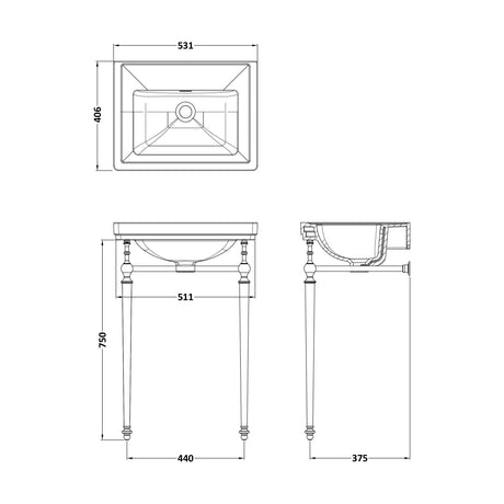 [BCCL512] Traditional 0 Tap Hole Fireclay Basin with Luxury Wash Stand & Bottle Trap  - 500mm - Chrome - Technical Drawing