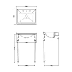 [BCCL532] Traditional 3 Tap Hole Fireclay Basin with Luxury Wash Stand & Bottle Trap  - 500mm - Chrome - Technical Drawing