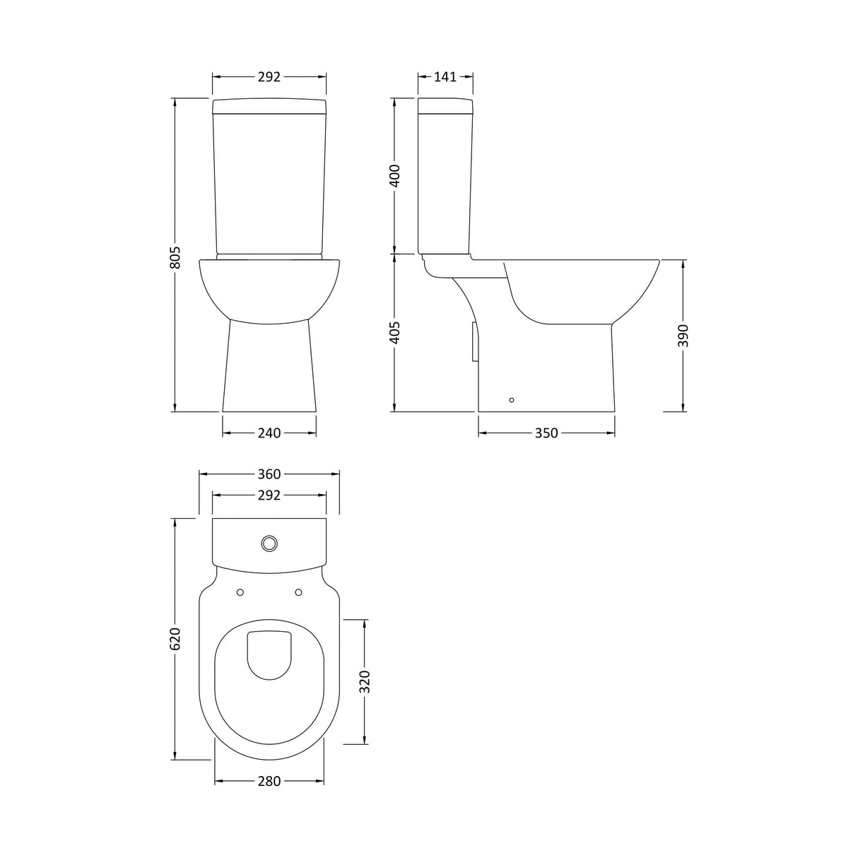 [BCCP003] Modern Bathroom Design Toilet Pan with Cistern and Fittings , 745 x 360 x 620mm, White - Technical Drawing