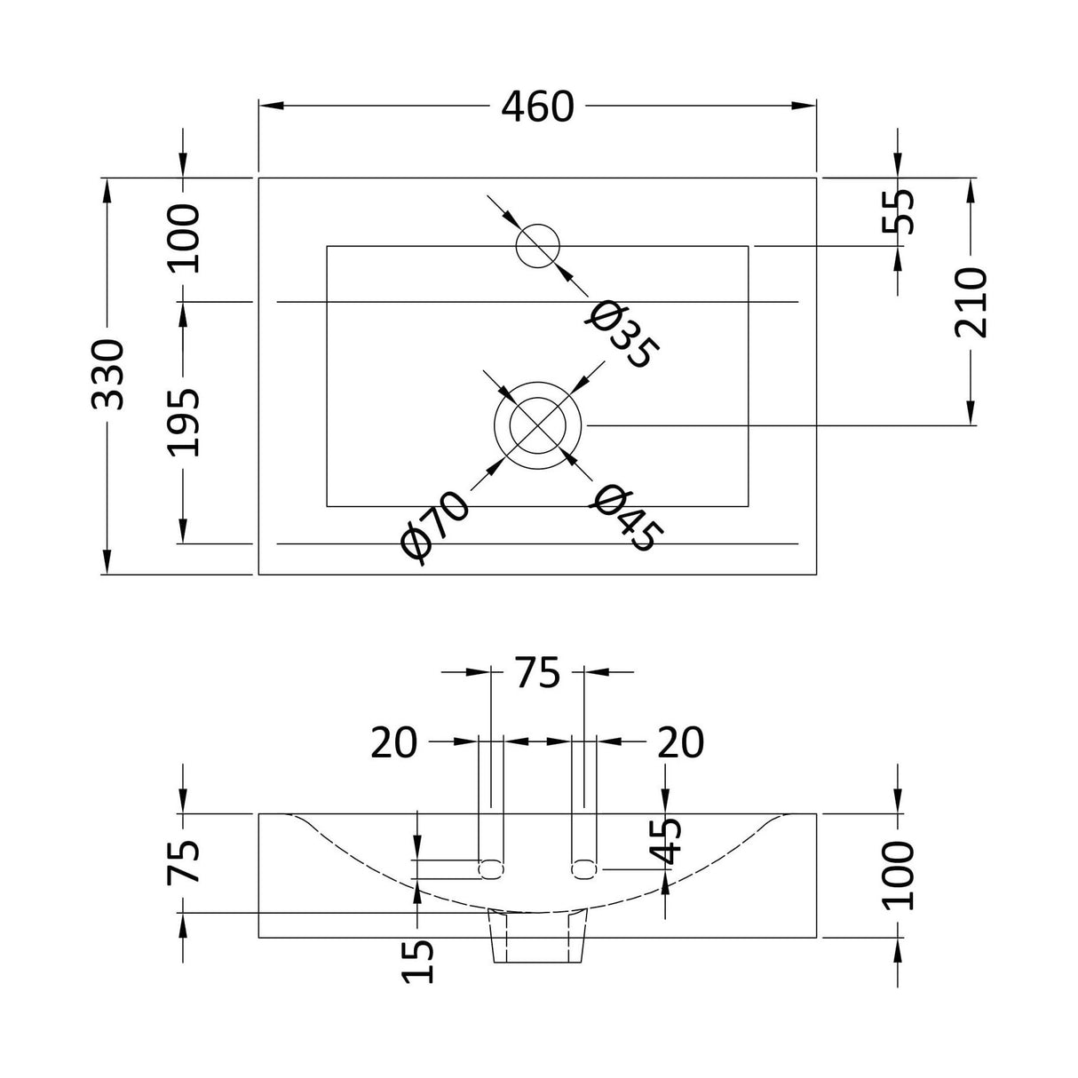 [BCCT002] Balterley Modern Bathroom Rectangular Vessel Basin for Countertop Use, White Vitreous China, Contemporary Design, 460 mm - Technical Drawing
