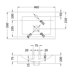 [BCCT002] Balterley Modern Bathroom Rectangular Vessel Basin for Countertop Use, White Vitreous China, Contemporary Design, 460 mm - Technical Drawing