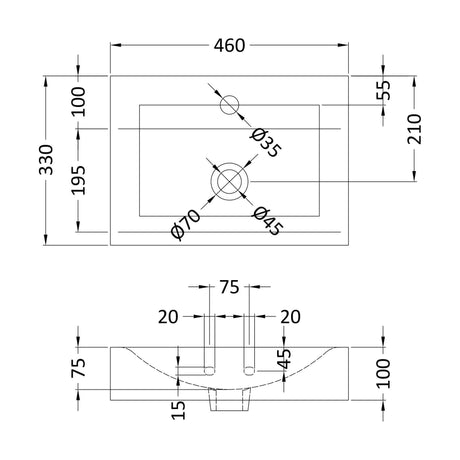 [BCCT002] Balterley Modern Bathroom Rectangular Vessel Basin for Countertop Use, White Vitreous China, Contemporary Design, 460 mm - Technical Drawing