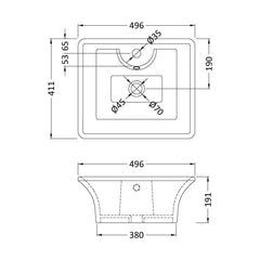 [BCCT005] Balterley Modern Bathroom Rectangular Vessel Basin for Countertop, White Vitreous China, Contemporary Design, 496 mm - Technical Drawing