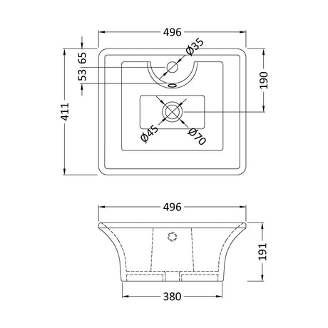 [BCCT005] Balterley Modern Bathroom Rectangular Vessel Basin for Countertop, White Vitreous China, Contemporary Design, 496 mm - Technical Drawing