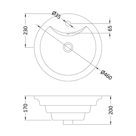 [BCCT006] Balterley Modern Bathroom Round Vessel Basin for Countertop Use, White Vitreous China, Contemporary Design, 460 mm - Technical Drawing