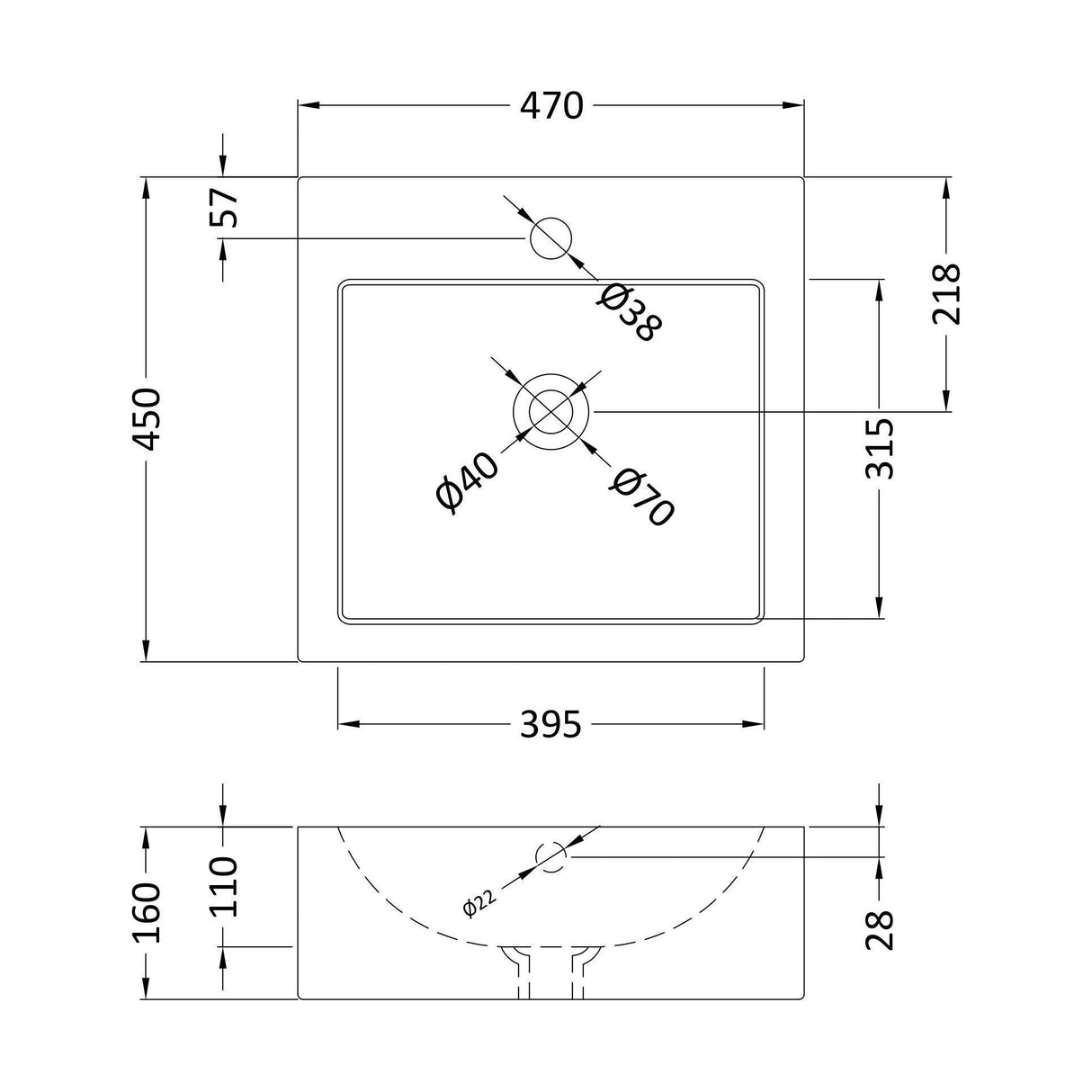 [BCCT102] Balterley Modern Bathroom Square Vessel Basin for Countertop Use, White Vitreous China, Contemporary Design, 470 mm - Technical Drawing