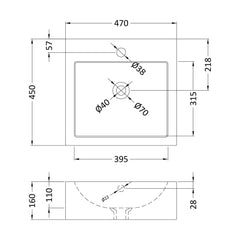 [BCCT102] Balterley Modern Bathroom Square Vessel Basin for Countertop Use, White Vitreous China, Contemporary Design, 470 mm - Technical Drawing