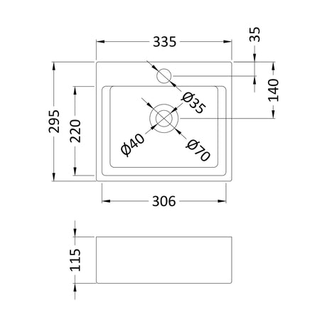 [BCCT106] Balterley Modern Bathroom Rectangular Vessel Basin for Countertop Use, White Vitreous China, Contemporary Design, 335 mm - Technical Drawing