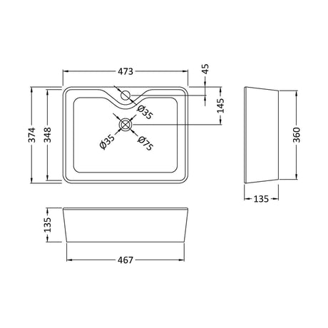 [BCCT119] Balterley Modern Bathroom Rectangular Soft Square Vessel Basin for Countertop Use, White Vitreous China, 485 mm - Technical Drawing