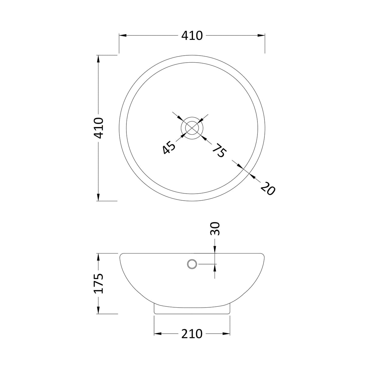 [BCCT124] Balterley Modern Bathroom Round Vessel Basin for Countertop Use, White Vitreous China, Contemporary Style, 410 mm - Technical Drawing