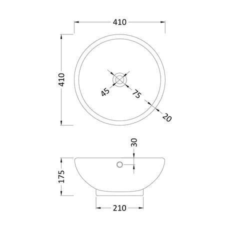 [BCCT124] Balterley Modern Bathroom Round Vessel Basin for Countertop Use, White Vitreous China, Contemporary Style, 410 mm - Technical Drawing