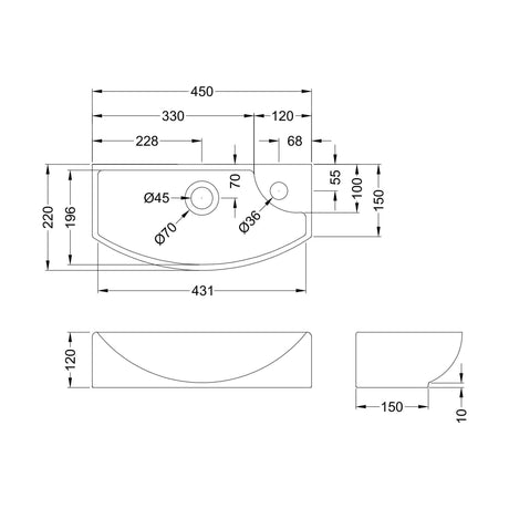 [BCCT160] Balterley Modern Bathroom Wall Hung Basin Left Hand 1 Tap Hole, White Vitreous China, Soft Square Design, 450 mm - Technical Drawing