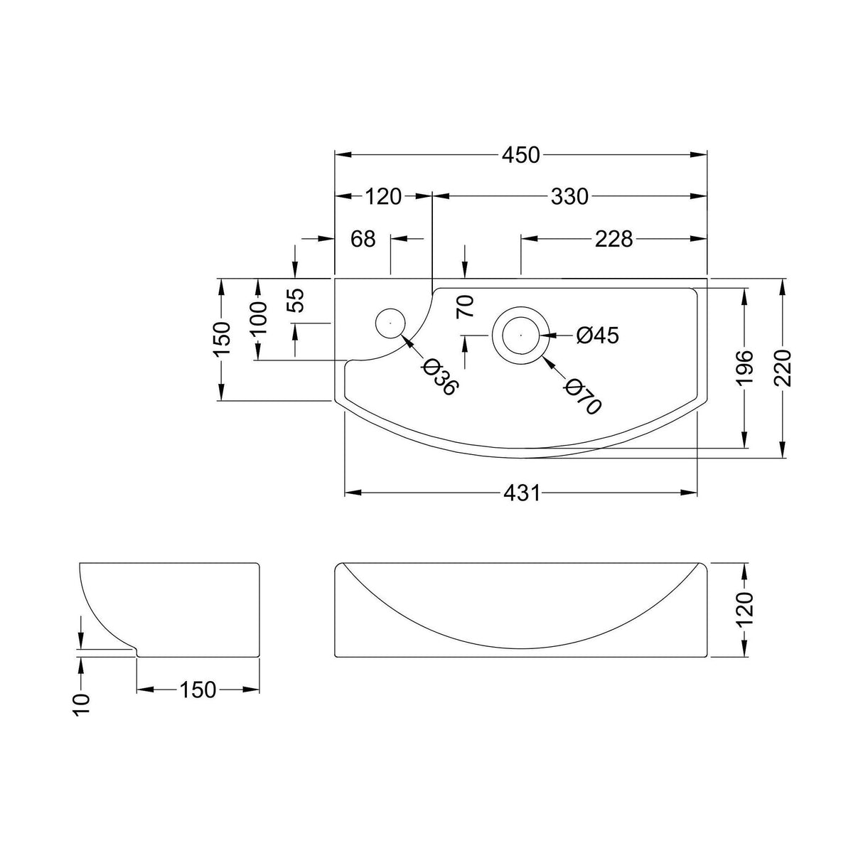 [BCCT161] Balterley Modern Bathroom Wall Hung Basin Right Hand 1 Tap Hole, White Vitreous China, Soft Square Design, 450 mm - Technical Drawing