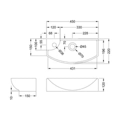 [BCCT161] Balterley Modern Bathroom Wall Hung Basin Right Hand 1 Tap Hole, White Vitreous China, Soft Square Design, 450 mm - Technical Drawing