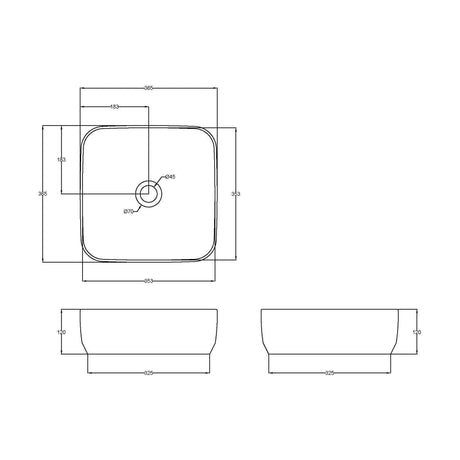 [BCCT163] Balterley Modern Bathroom Square Vessel Basin for Countertop, White Vitreous China, Contemporary Style, 365 mm - Technical Drawing