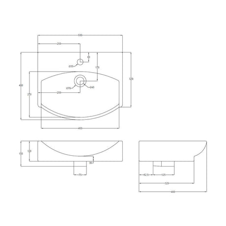 [BCCT164] Balterley Modern Bathroom Wall Hung Vessel Basin, White Vitreous China, Soft Square Design, Contemporary Style, 500 mm - Technical Drawing