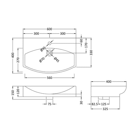 [BCCT165] Balterley Modern Bathroom Wall Hung Vessel Basin, Soft Square Design, Contemporary Style, White, 600 mm - Technical Drawing