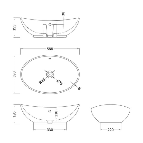 [BCCT166] Balterley Modern Bathroom Countertop Vessel Basin, Round, Contemporary Style, White, 588 x 390 x 195 mm - Technical Drawing