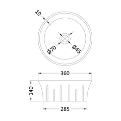 [BCCT167] Balterley Round Bathroom Countertop Basin, Contemporary Style, Sleek Design, White, 360 mm - Technical Drawing