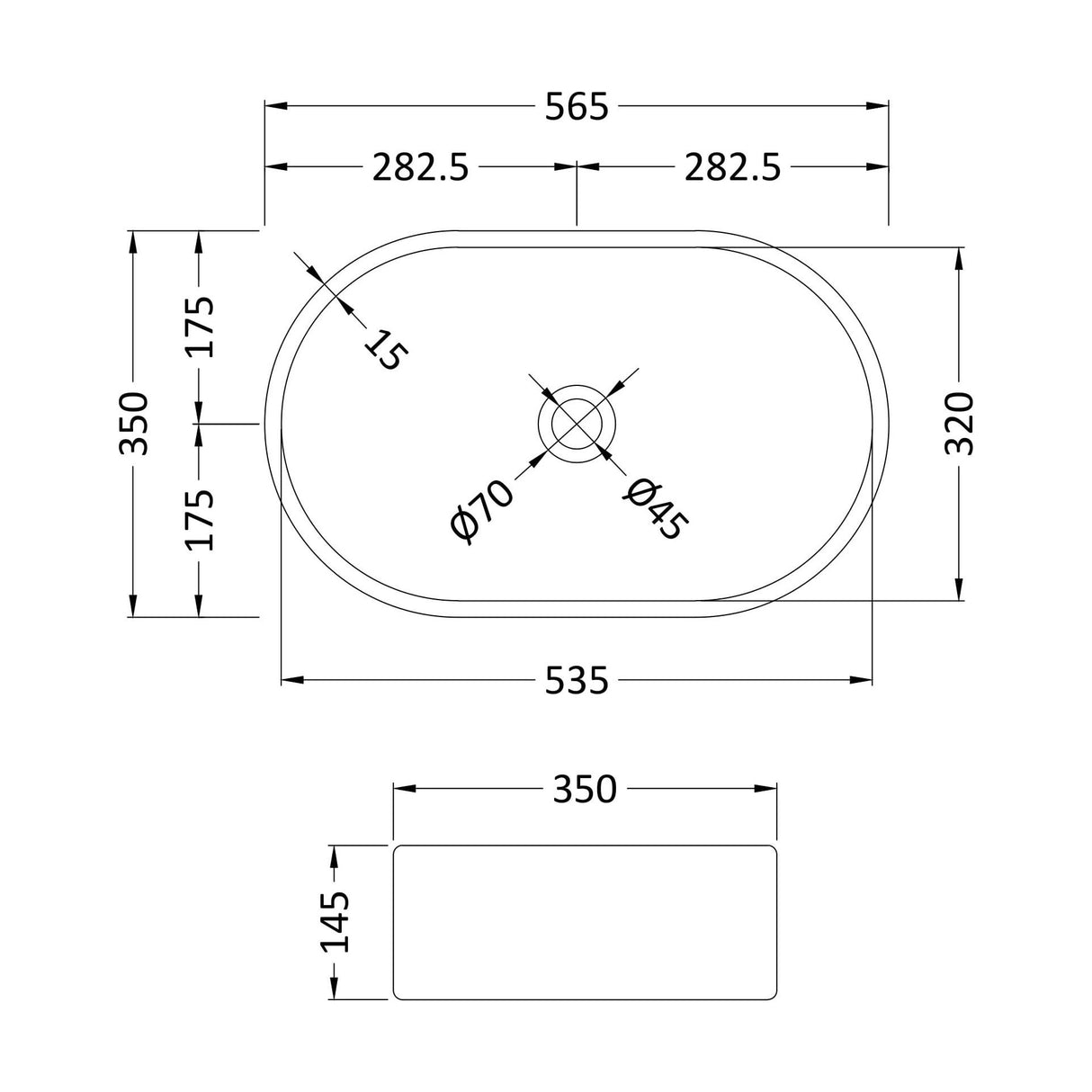 [BCCT169] Contemporary Oval Countertop Basin - Gloss White Ceramic Vessel Without Overflow - Technical Drawing