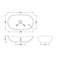[BCCT259] Balterley Nova Contemporary Round Bathroom Countertop Basin, Sleek Round Design, Matt White, 615 mm - Technical Drawing